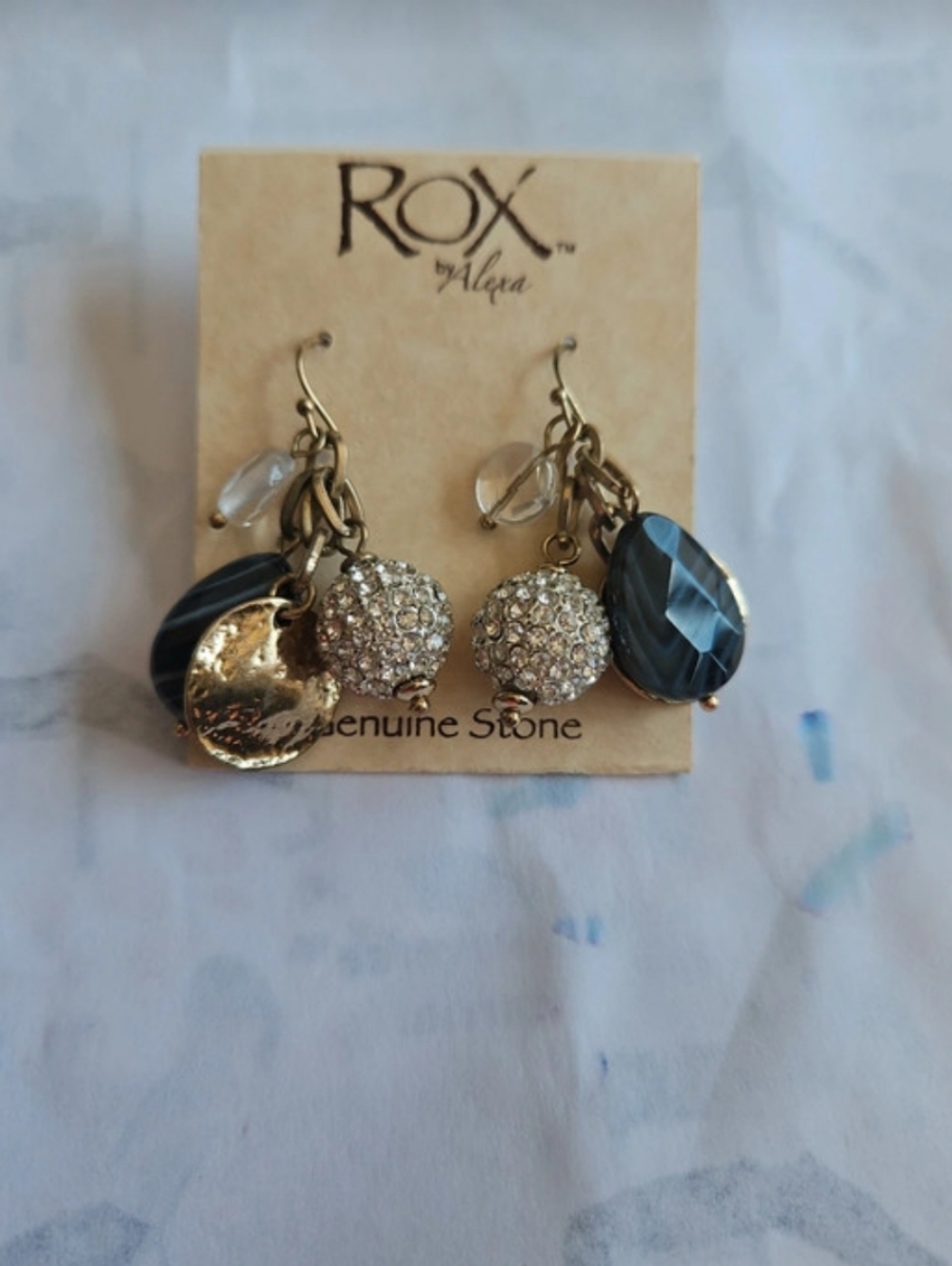 Rox by Alexa Gold Tone Dangle Earrings Black Stone Rhinestone Beaded Boho